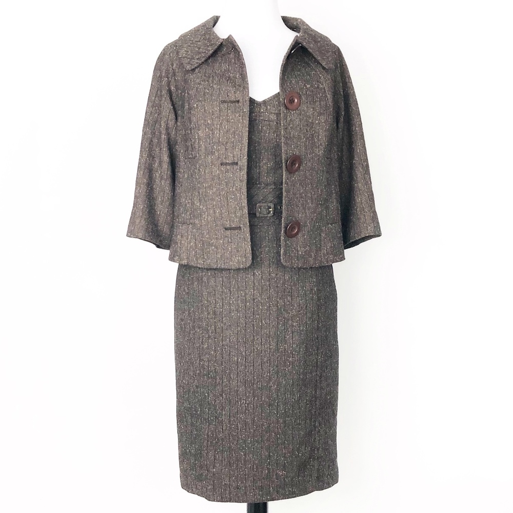 guess • brown tweed belted sweetheart neckline retro pencil dress + jacket set